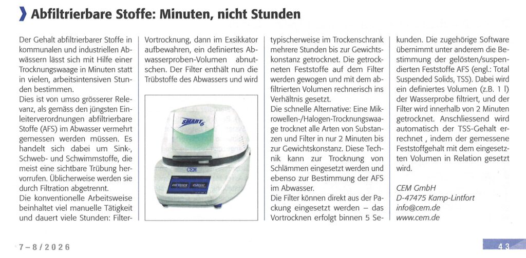 Schnelle Messung von abfiltrierbaren Stoffen (AFS) in Abwasser