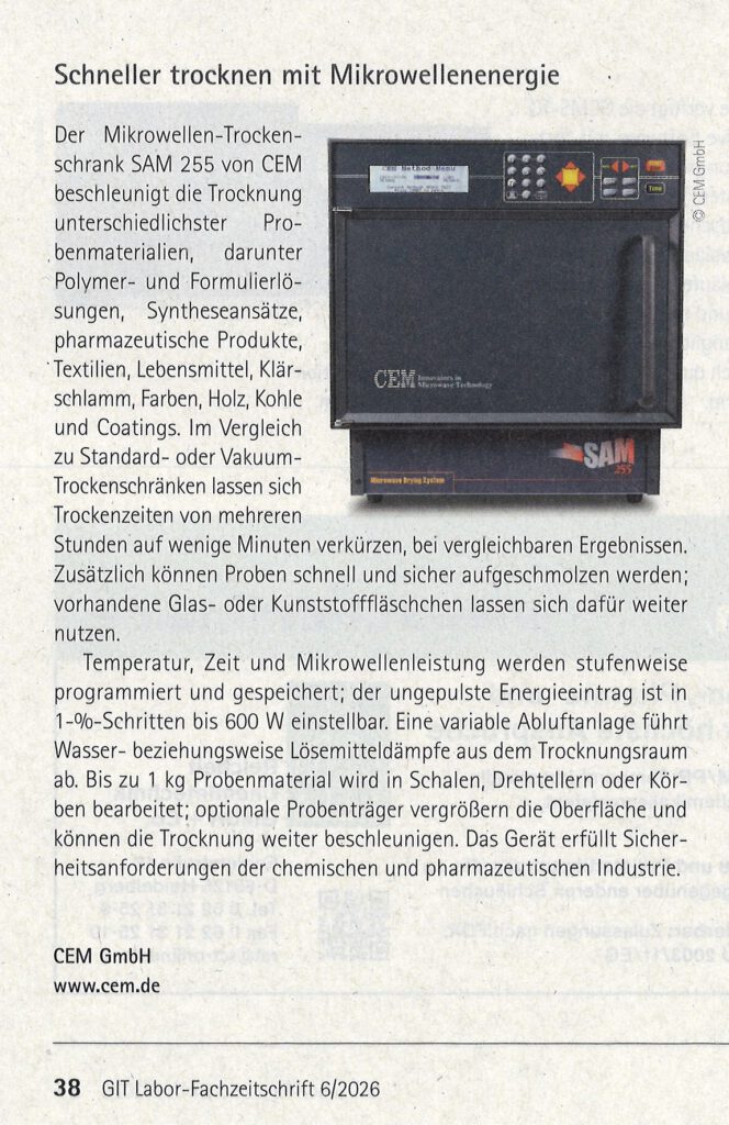 Minutenschnelle Trocknung von Proben im Mikrowellen-Trockenschrank SAM 255 als Alternative zum Trockenschrank