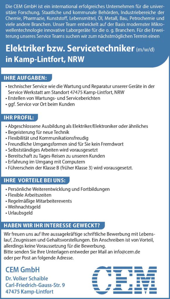 Elektriker, Mechatroniker bzw. Servicetechniker (m, w, d) in Kamp-Lintfort gesucht